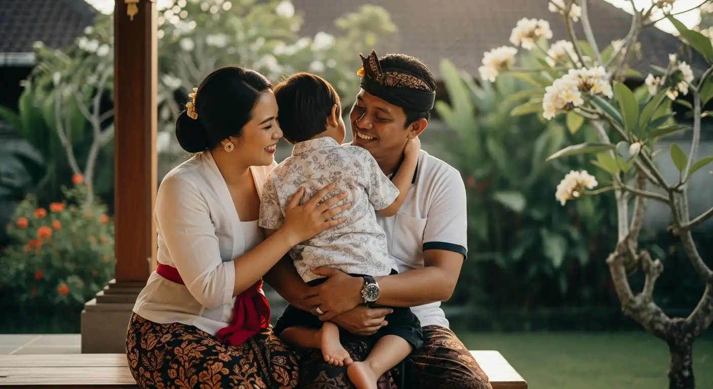 Anak bersama kedua orang tua dalam suasana yang harmonis